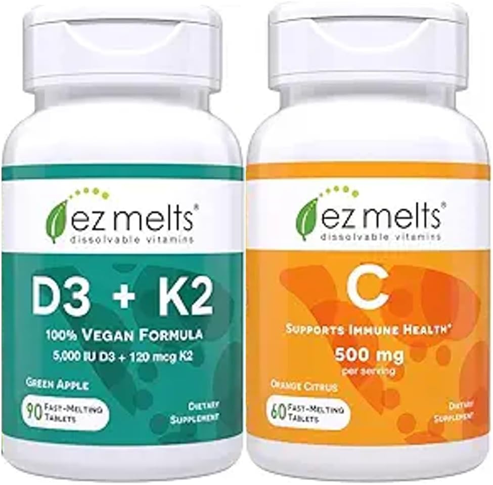 EZ Melts Vitamin D3 K2 and Vitamin C Bundle front view showcasing sugar free fast dissolving tablets