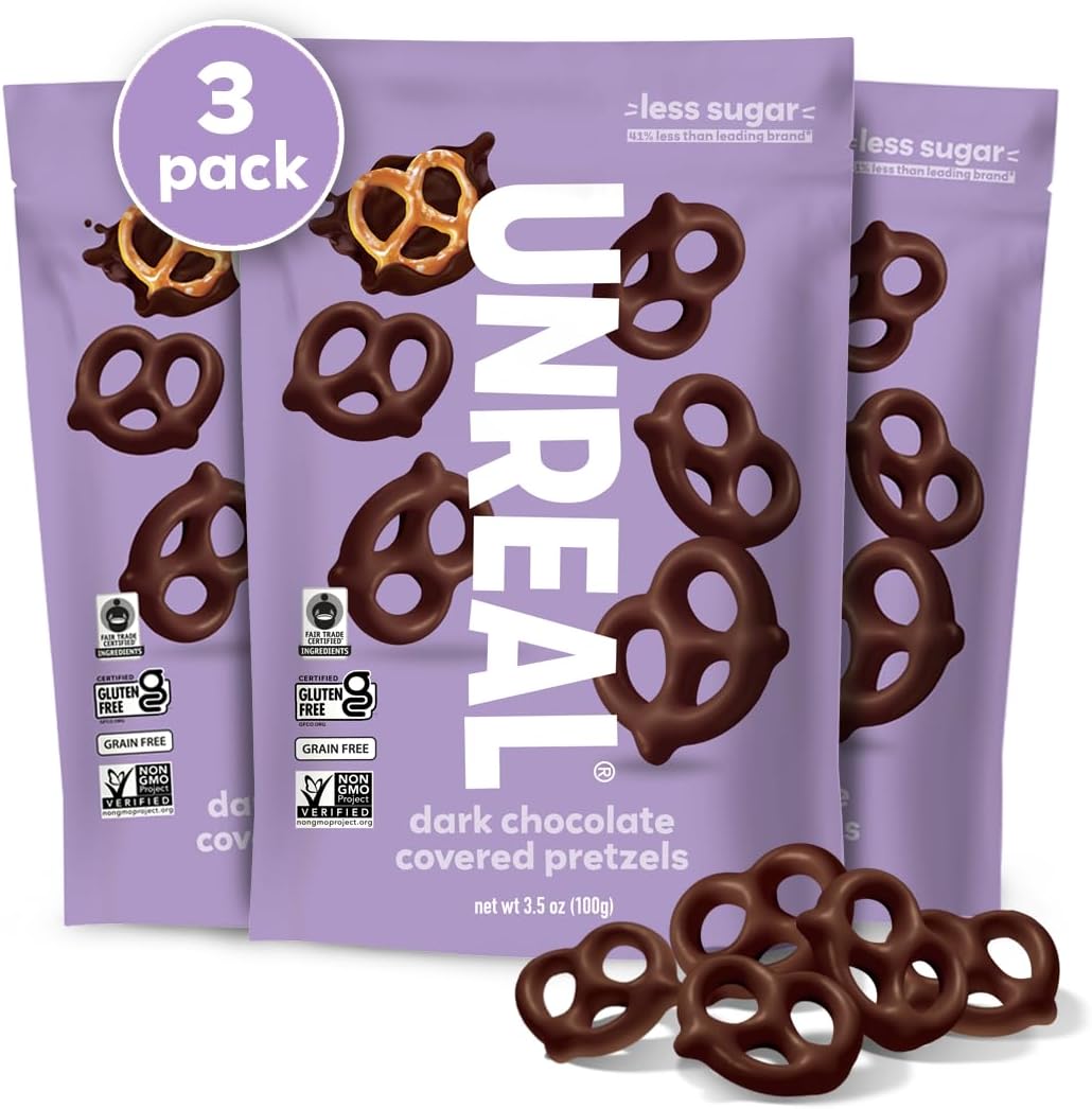 Unreal dark chocolate covered pretzels front view