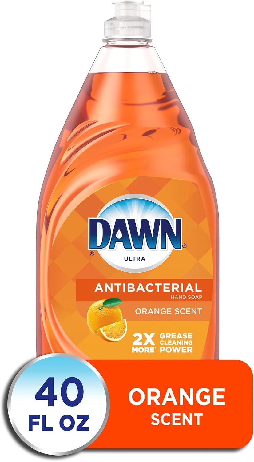 Dawn antibacterial liquid soap cutting through grease on dirty pan