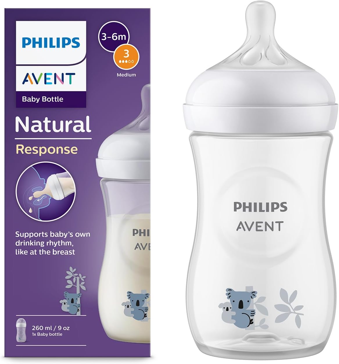 AVENT Philips Natural Response Baby Bottle - 260ml Baby Milk Bottle, BPA Free for Babies 1 Month+, Koala Pattern (Model SCY903/67) - Image 1