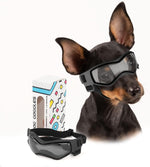 Petleso small breed dog goggles front view showing black frame and curved lenses