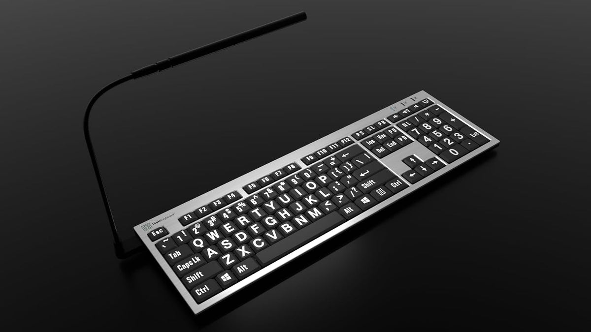 Logickeyboard white letters on black keys closeup
