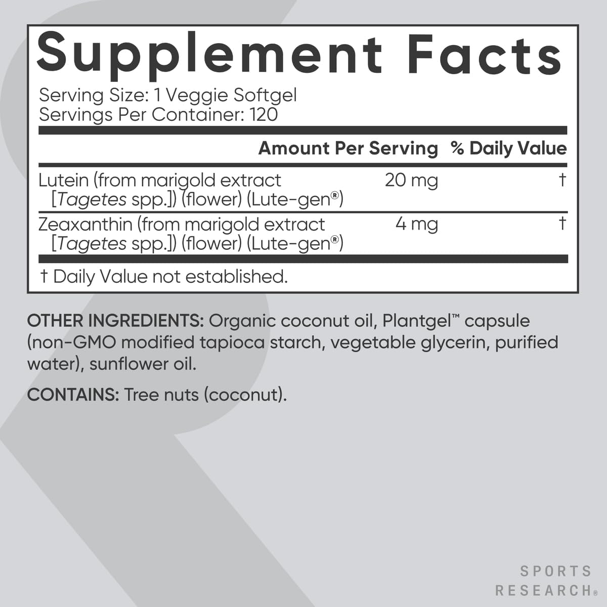 Sports Research Eye Support vegan capsules side label with ingredient facts