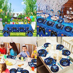 Close up of gamer theme party plates and matching blue napkins
