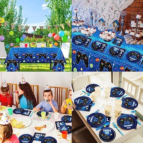 Close up of gamer theme party plates and matching blue napkins