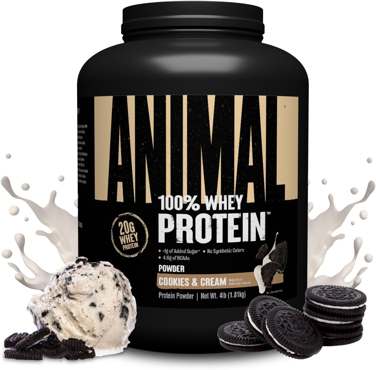 Animal 100 Percent Whey Protein Cookies and Cream four pound tub front view