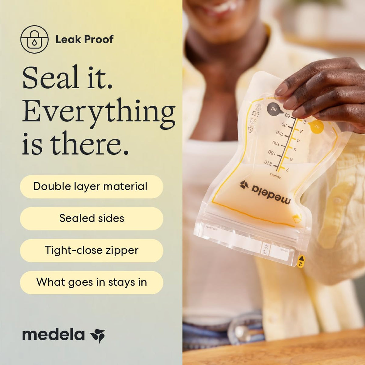 Flat stacking design of Medela storage bags inside freezer