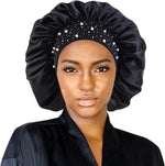 Hair Bonnet Glittering Pearls and Rhinestones Satin Bonnet Wide Band Sleeping Cap - Image 9