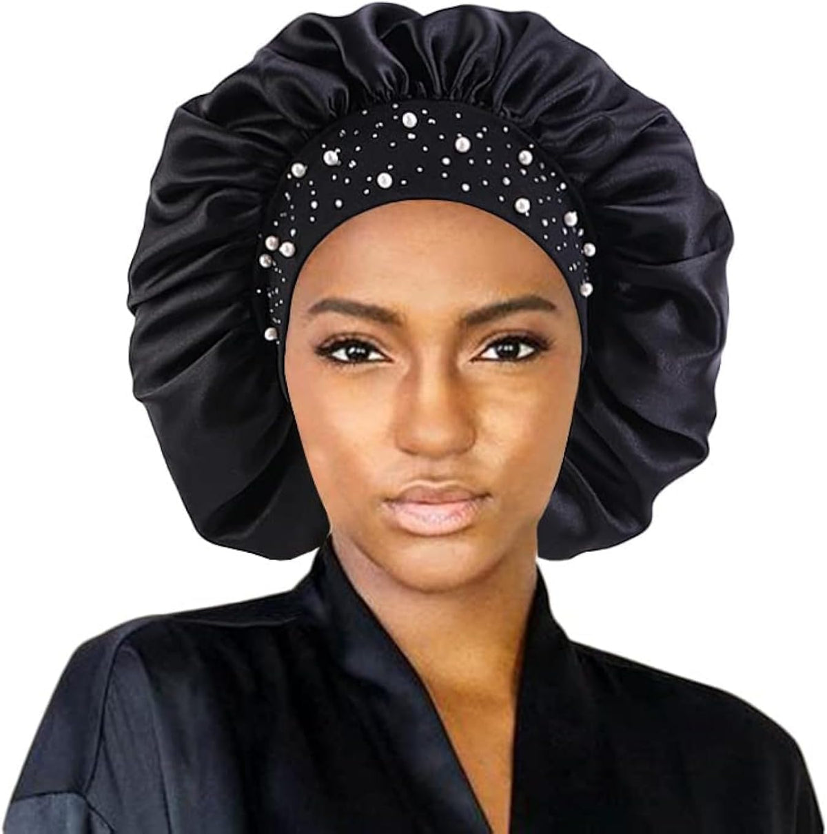 Hair Bonnet Glittering Pearls and Rhinestones Satin Bonnet Wide Band Sleeping Cap - Image 9