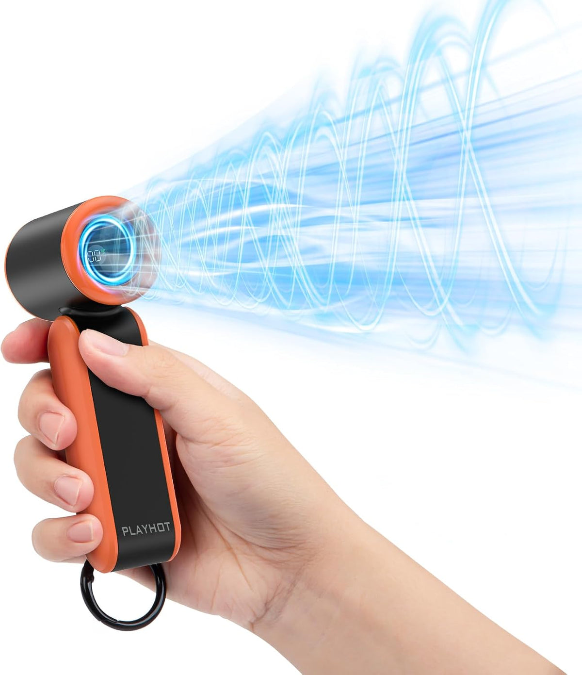 PlayHot portable handheld mini fan front view showcasing LED display