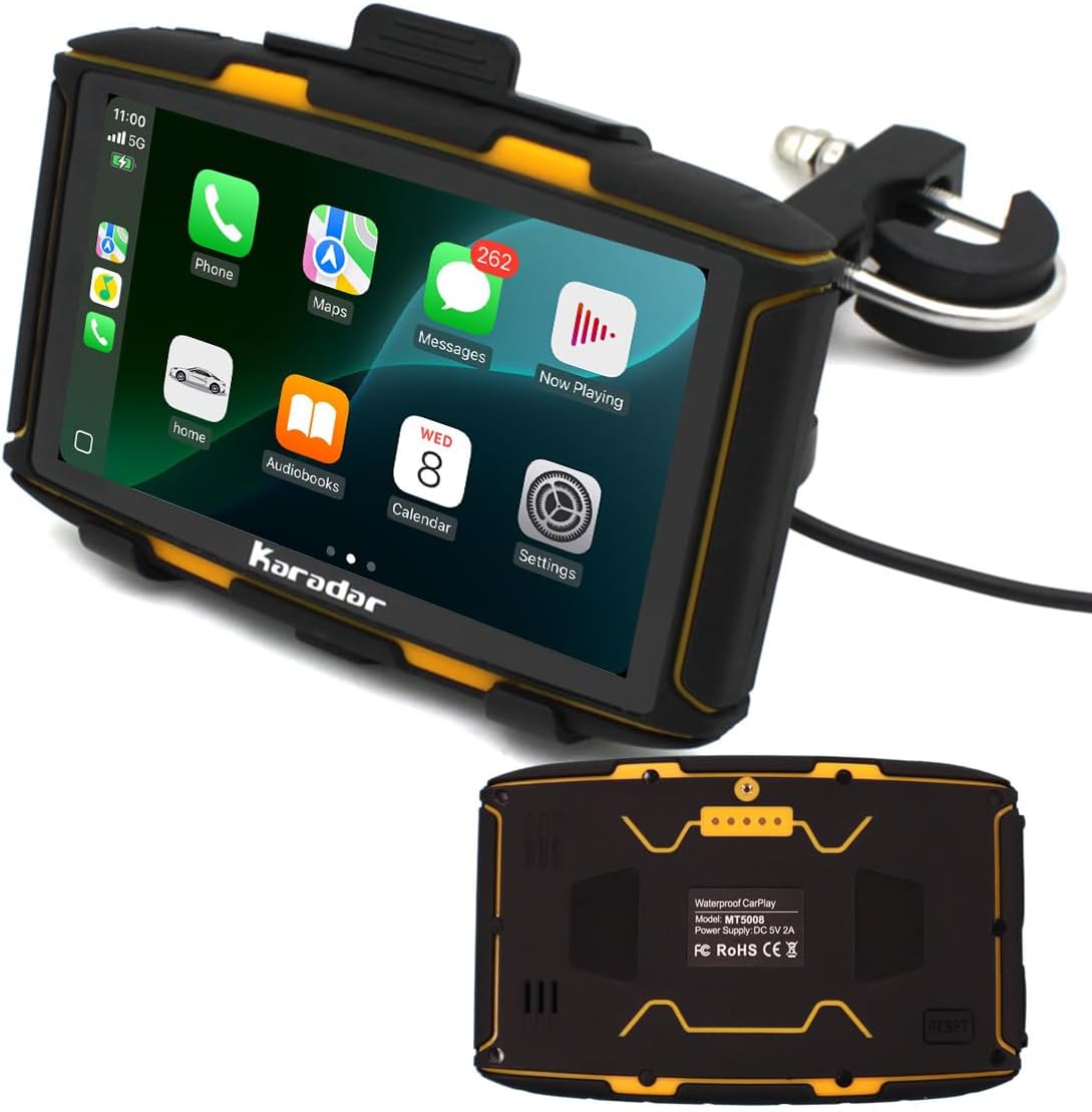 Belesh Karadar MT5008 motorcycle GPS navigation screen front view showing the crisp 5-inch interface