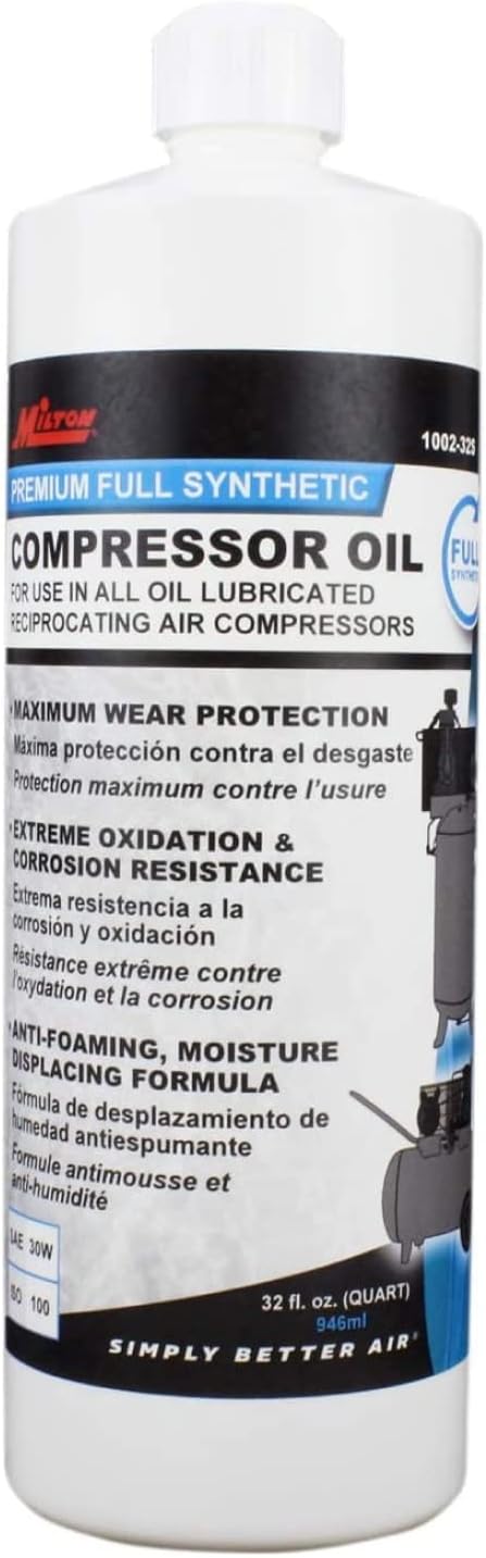Milton Premium Full Synthetic Air Compressor Oil 32 Ounce bottle front view showing product specifications.