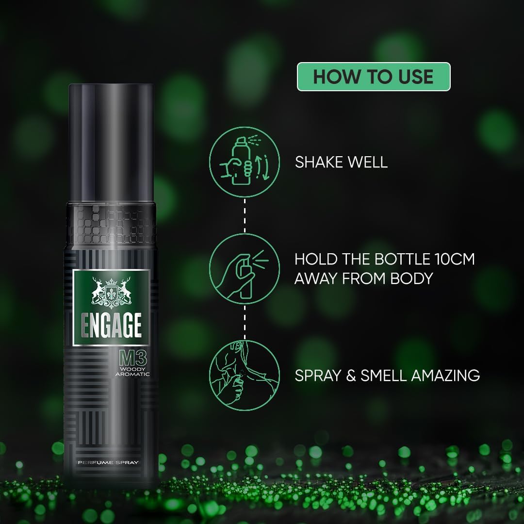 Engage M3 120ml perfume spray label and branding
