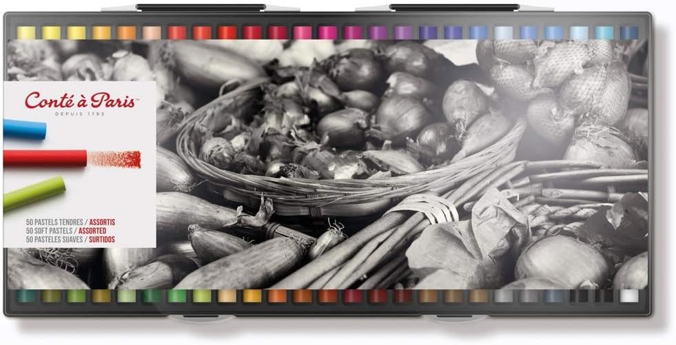 Conte A Paris soft pastels front view showcasing the 50 assorted color sticks in a plastic box