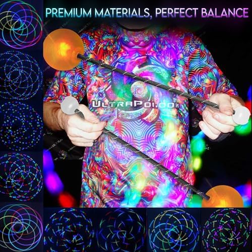 UltraPoi OrbPoi Pro professional contact poi kit showing glowing LED patterns in a dark room environment