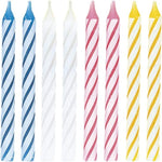 Assorted color striped party candles in packaging