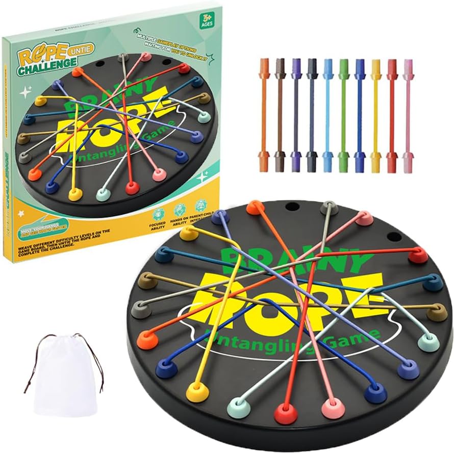Winbar Brainy Knots Rope Untangling Game front view showing the circular puzzle board and colorful elastic strings.