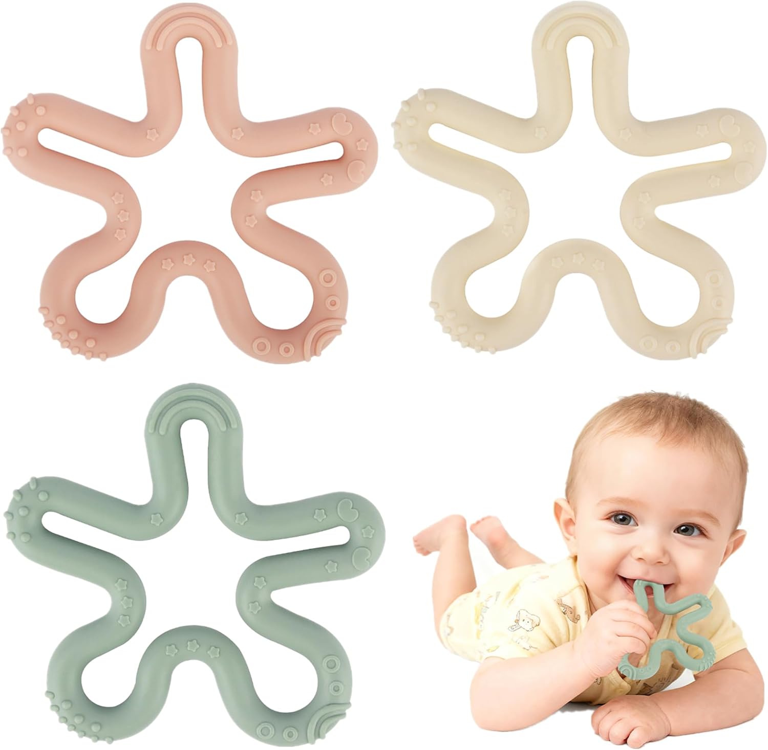 Fu Store Coral Flower Ring Teether front view of three pack silicone baby teething toys