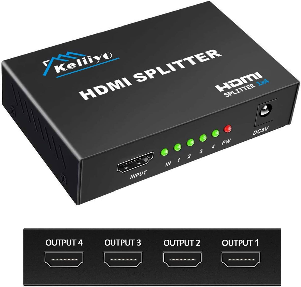 Keliiyo HDMI Splitter one input to four outputs front view displaying ports
