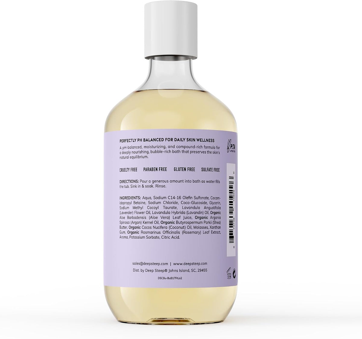 Deep Steep lavender bubble bath label and text details
