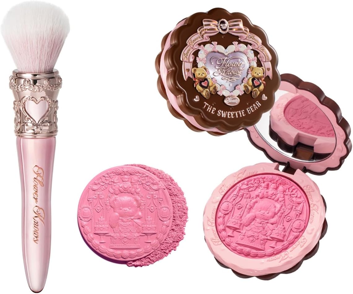 Flower Knows The Sweetie Bear Silk Satin Blush & Brush Set,Talc-Free Rose Pink Powder Blush,Highly Pigmented,Buildable&Blendable,Radiant Cheek Color for a Lively Glow,Gift-Worthy(04 Berry Parfait) - Image 1