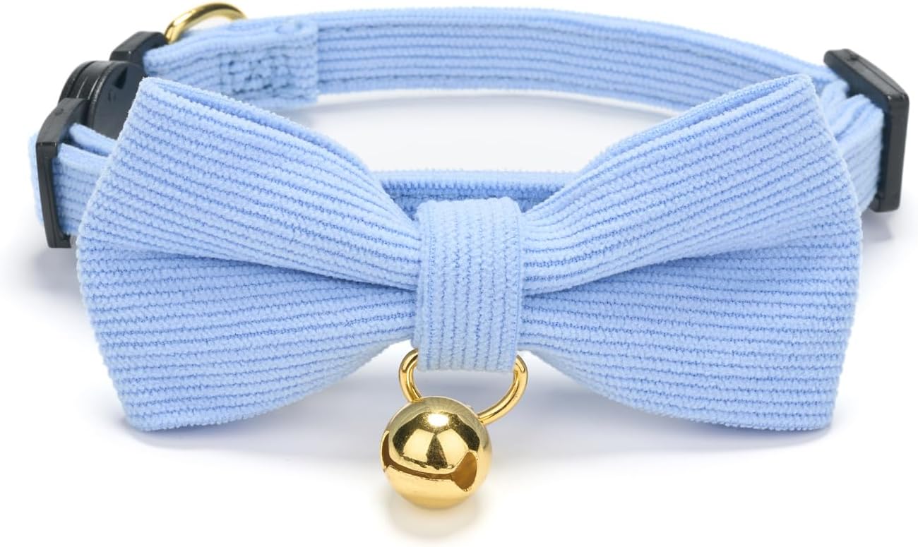 YUDOTE cotton breakaway kitten collar blue front view showing removable bowtie and golden bell