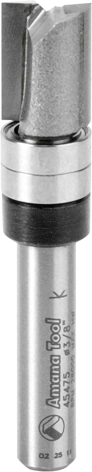 Amana Tool flush trim router bit front view with carbide tip