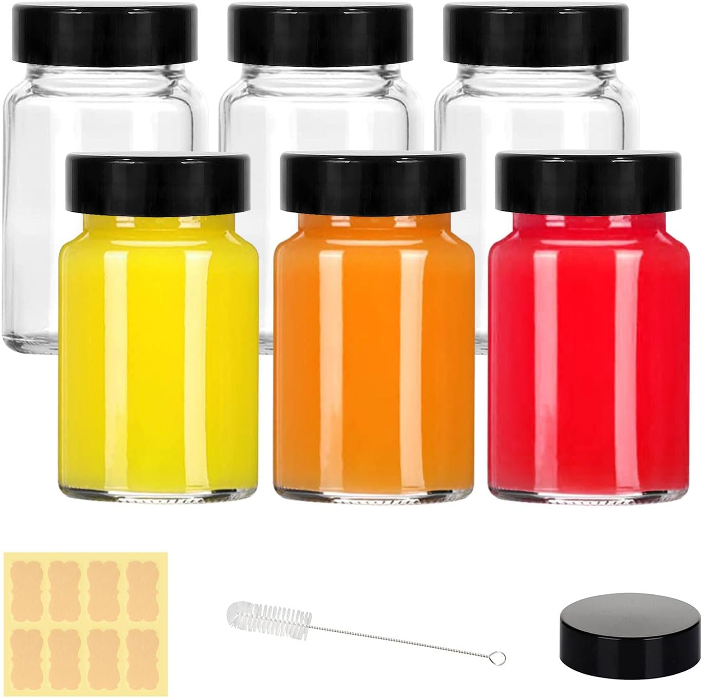 Lanbeautify 2 Ounce Small Clear Glass Bottles with Lids front view pack of six