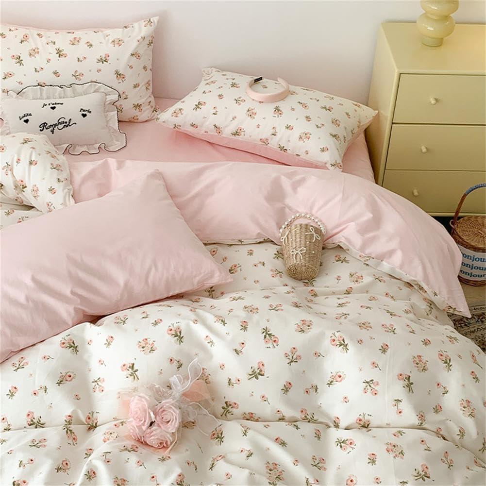 Sedefen pink floral duvet cover queen size front view on a styled bedroom bed