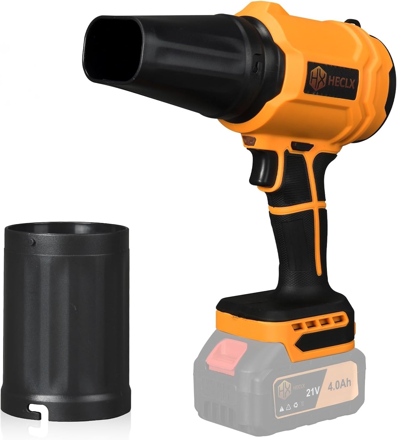 HX HECLX cordless mini leaf blower front view showing orange and black design