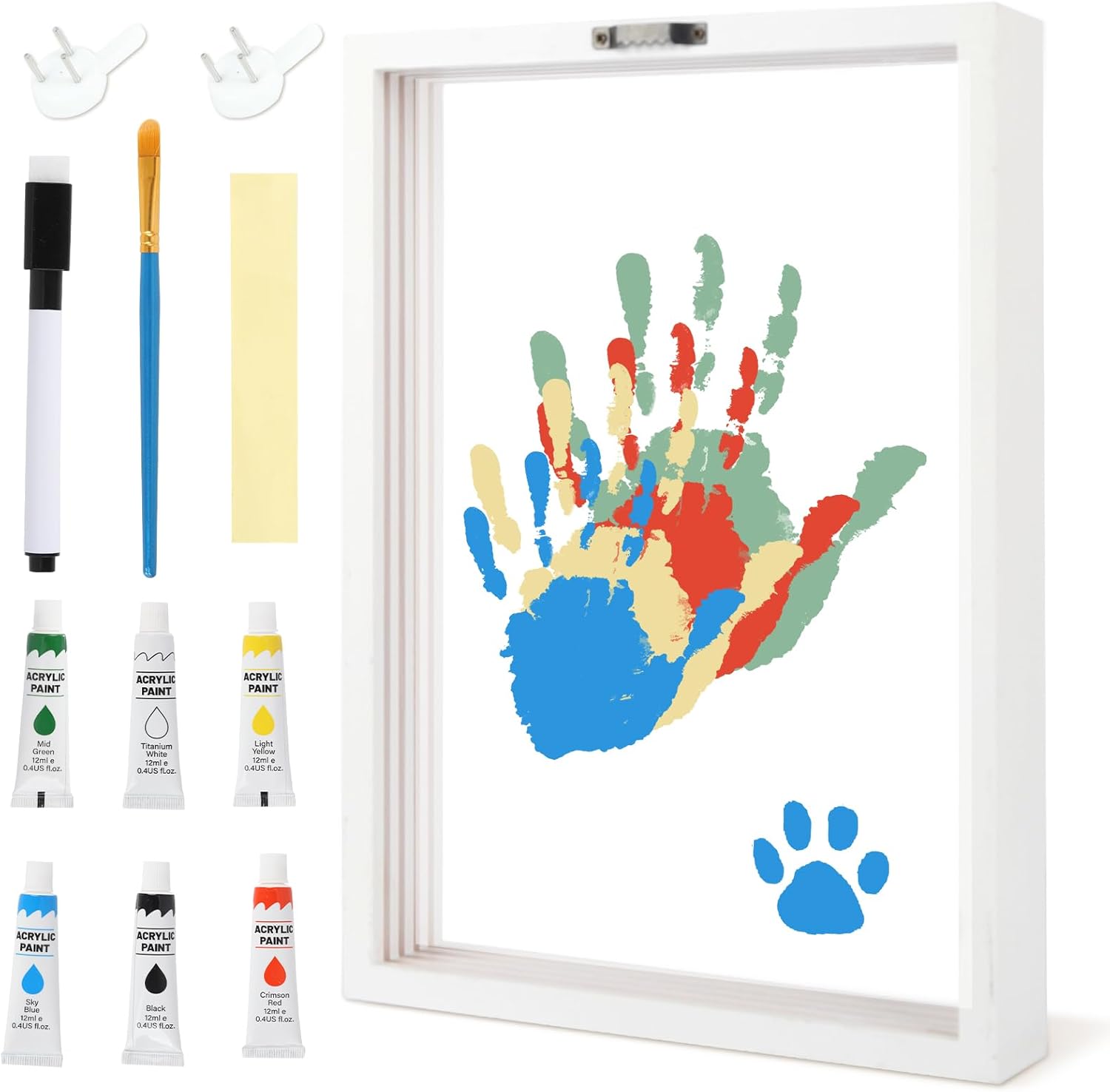 WAYASDCU family handprint kit front view showcasing the premium wooden frame and colorful paint tubes.