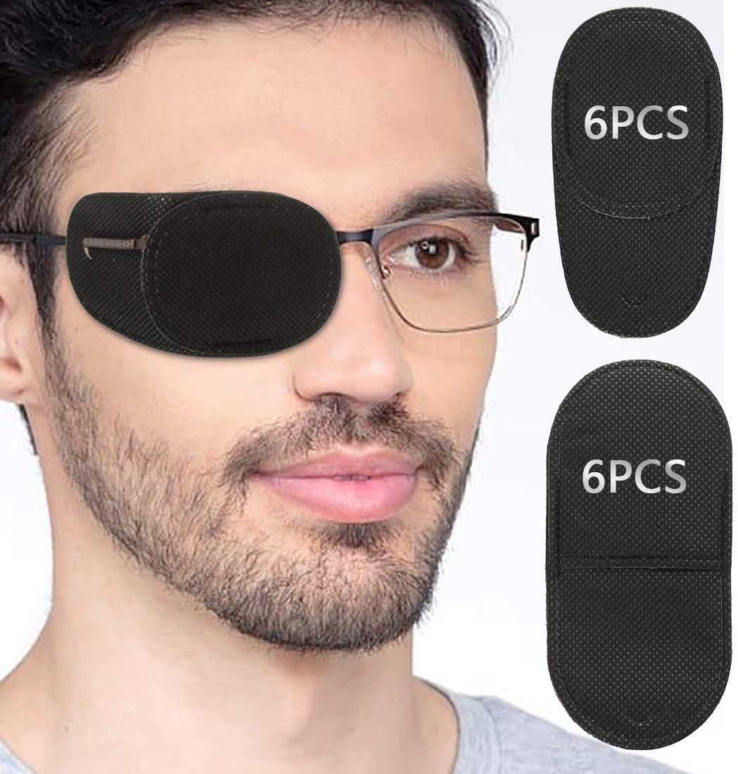VEEJION Eye Patches for Glasses front view showing black fabric cover installed on eyeglasses lens.