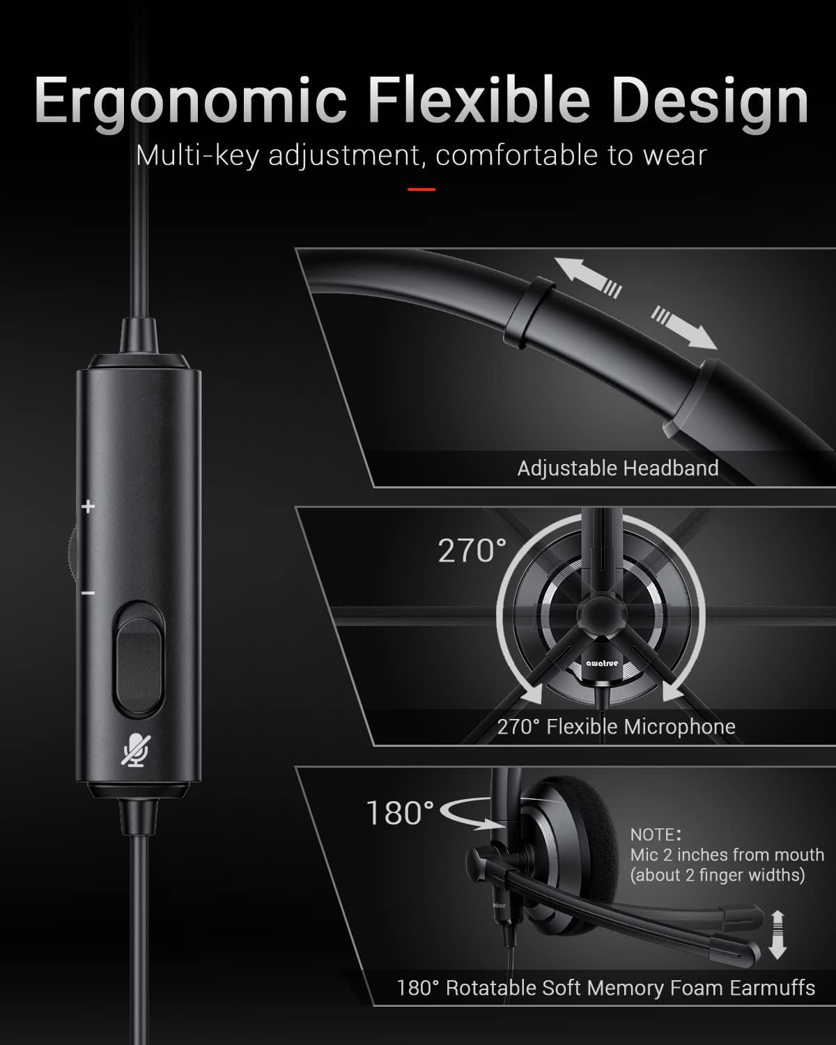Awatrue headset close up of rotatable boom microphone