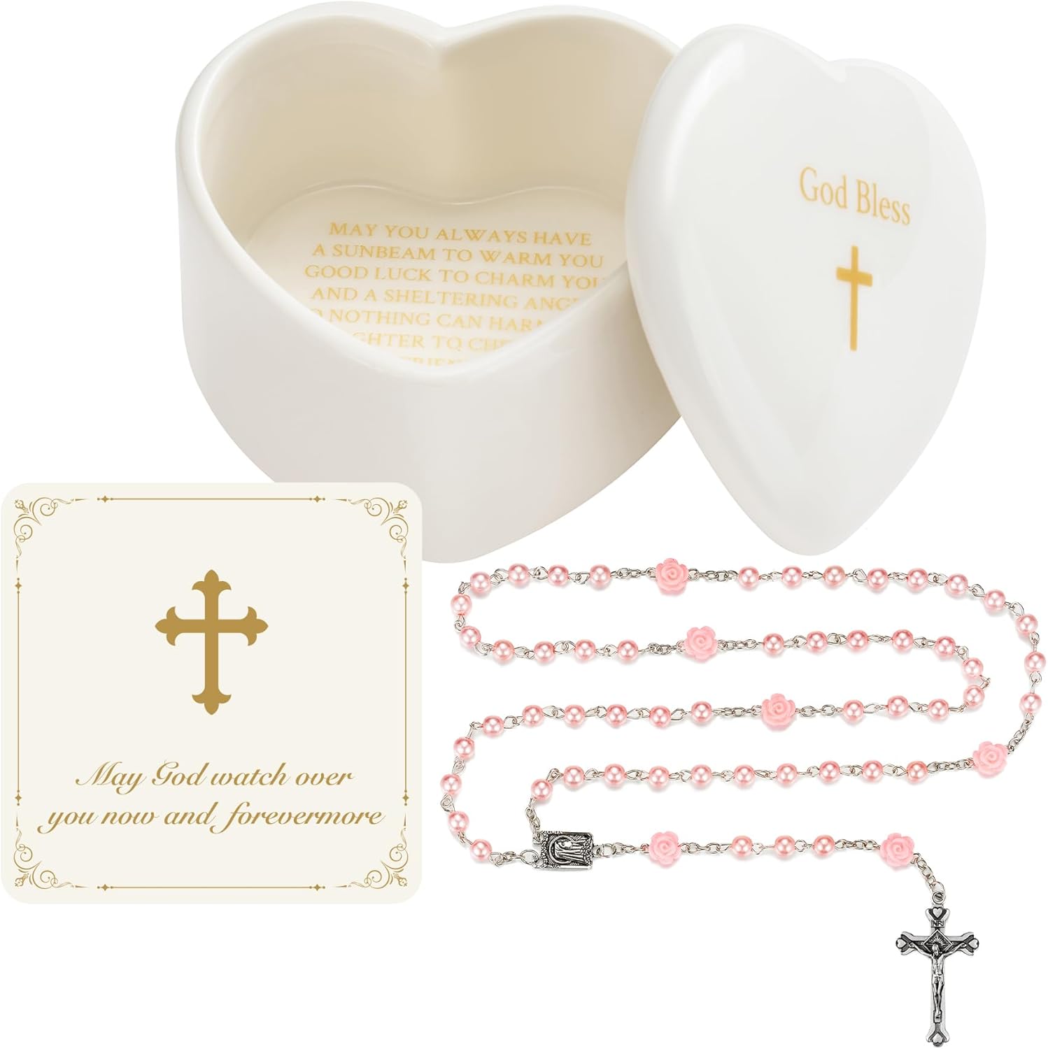 NORBU children rosary set with pink rose beads front view