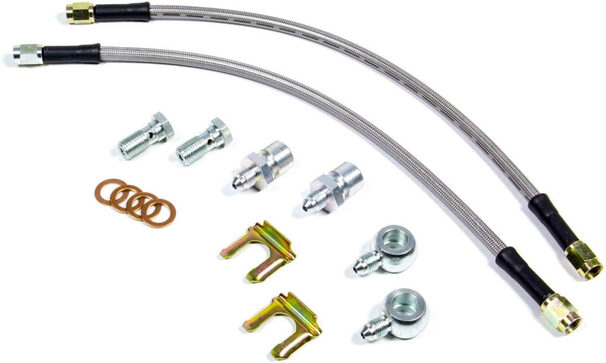Wilwood brake hose kit front view showing braided stainless steel lines and fittings
