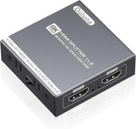Ouluoa 8K HDMI Splitter front view showcasing the durable matte grey metallic housing design and premium input ports.