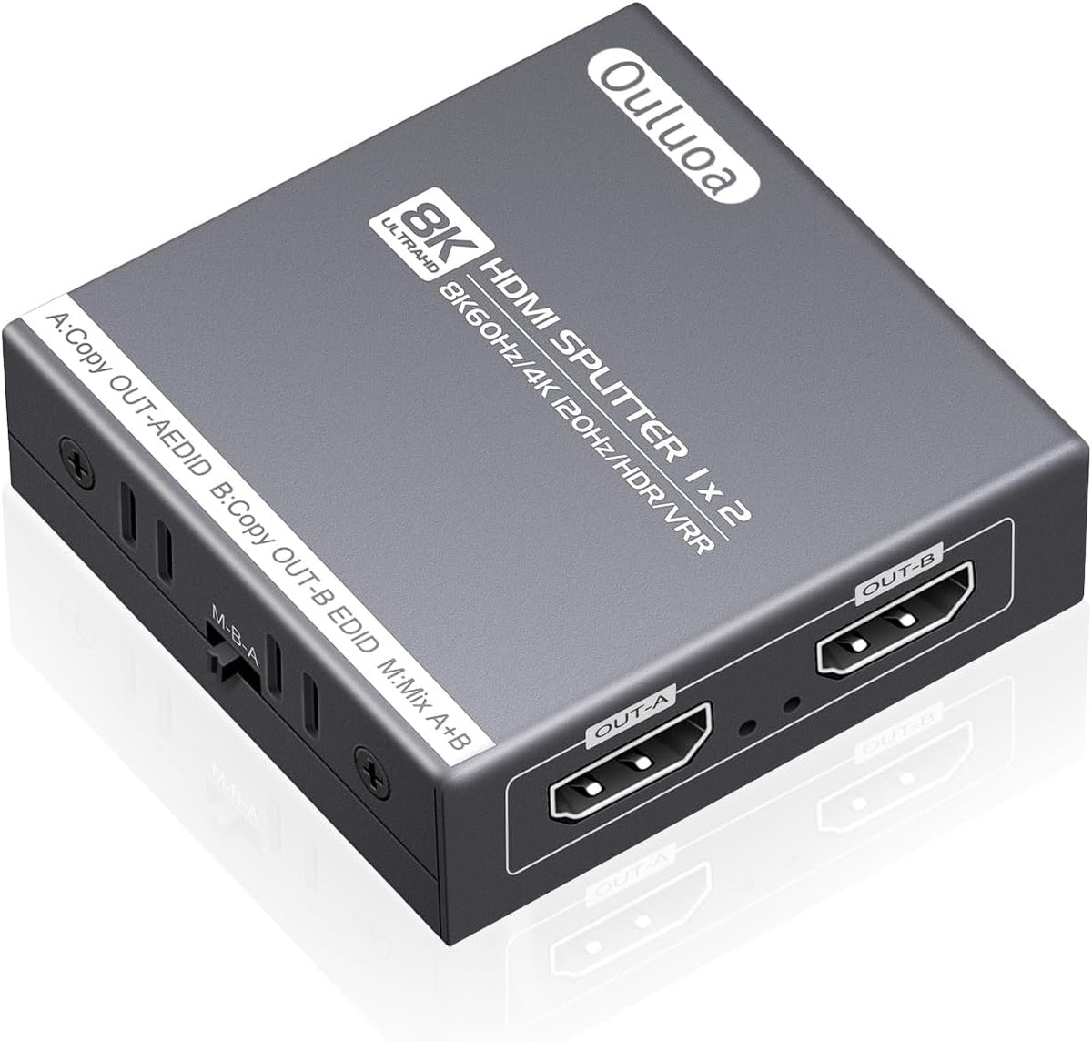 Ouluoa 8K HDMI Splitter front view showcasing the durable matte grey metallic housing design and premium input ports.
