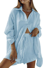 Fixmatti women long sleeve button down blouse and shorts set front view