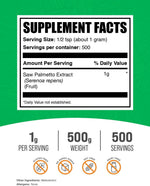 Close up of BulkSupplements 500g Saw Palmetto powder packaging