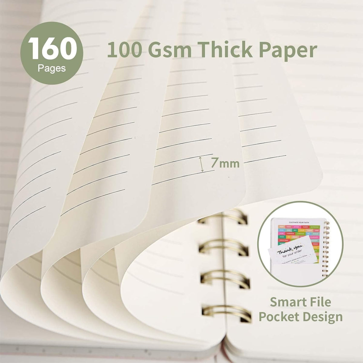 College ruled notebook pages showing 100 GSM paper thickness