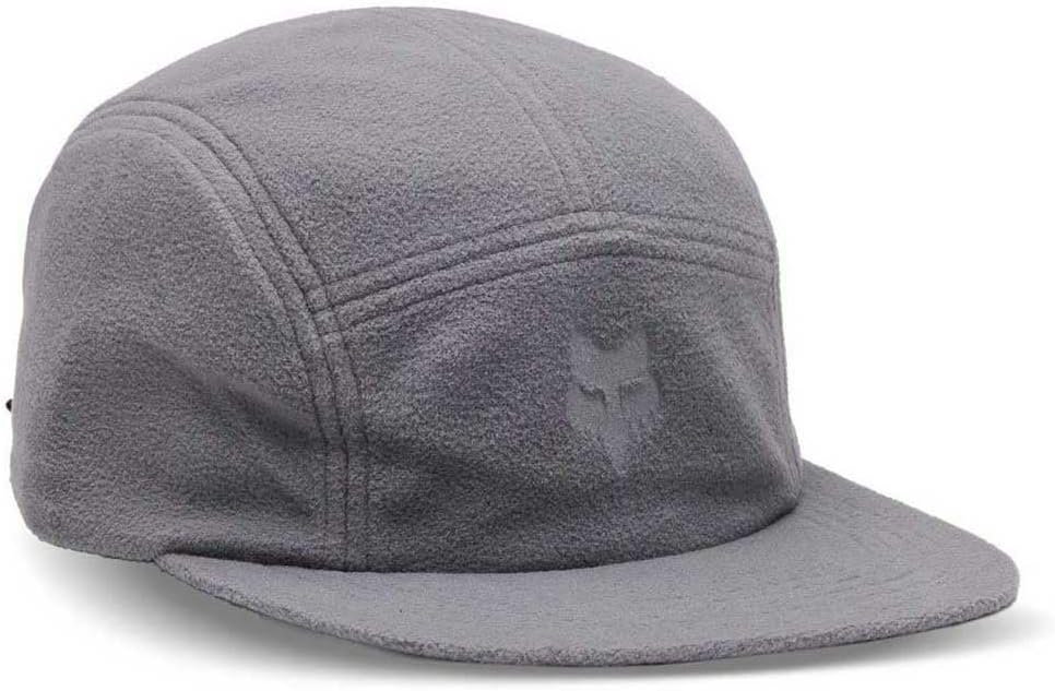 Fox Racing Polar Fleece 5 Panel Cap front view featuring the embossed logo on pewter grey fabric.