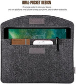 MoKo 9 to 11 inch tablet pouch demonstrating extra storage pockets with inserted smartphone and cables