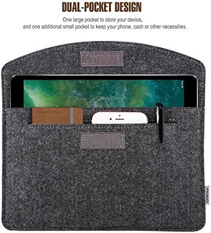MoKo 9 to 11 inch tablet pouch demonstrating extra storage pockets with inserted smartphone and cables