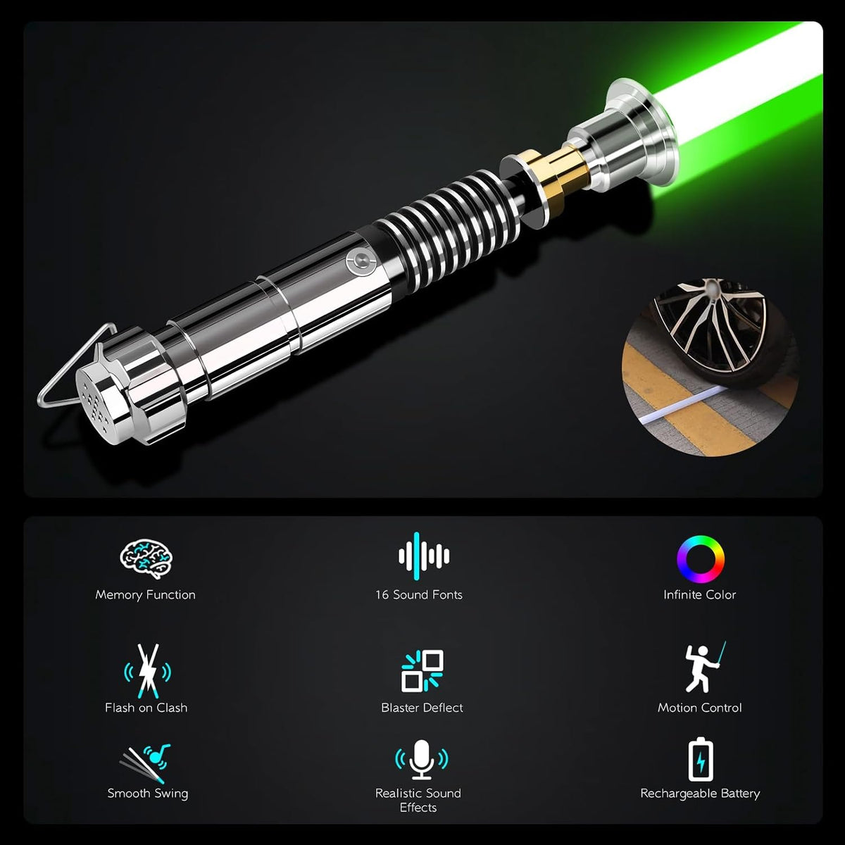 Adawlert lightsaber close up of the CNC-machined aluminum handle and emitter.