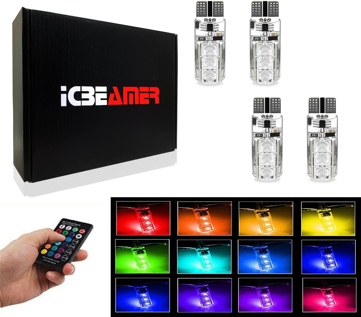 ICBEAMER T10 RGB LED car interior bulbs front view showing the multi color light emitting diode chips