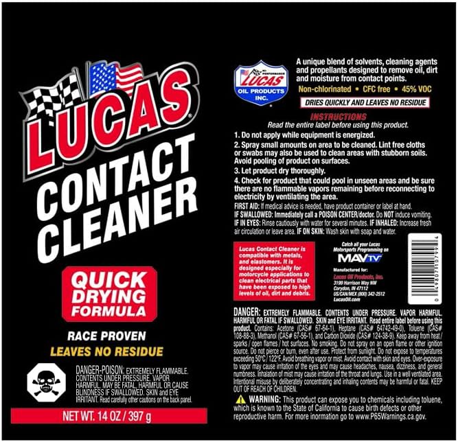 Lucas Oil 14 Ounce contact cleaner spray can label detail