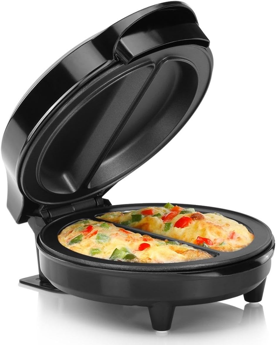 Holstein Housewares Stainless Steel 2 Section Omelet & Frittata Maker, Non Stick Coating, Easy To Clean, Indicator Lights, Compact Storage, Prepare Versatile Recipes in Minutes. 2 Portions, Black - Image 1
