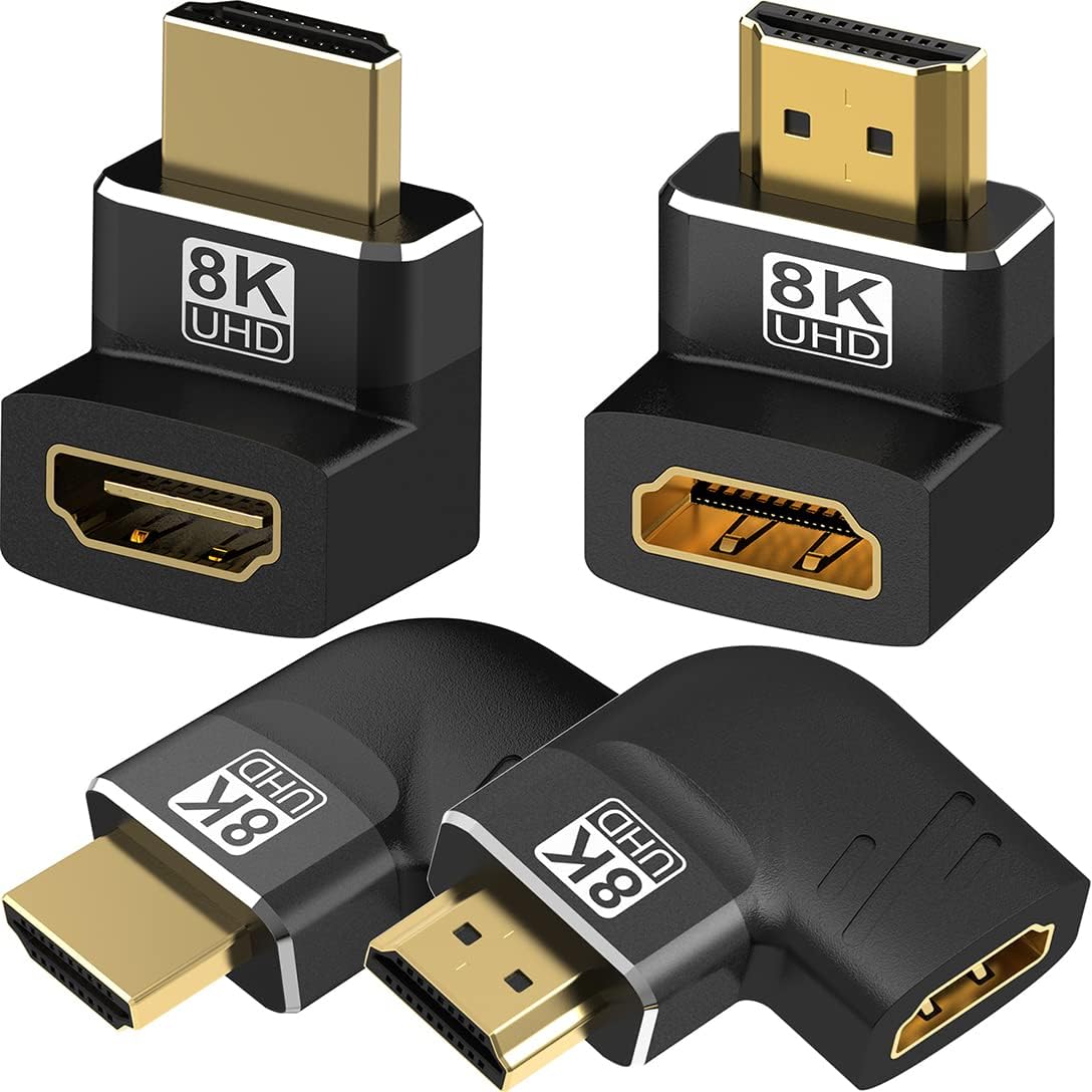 Warmstor 8K HDMI 2.1 Angled Adapter Pack front view showing gold plated male and female connectors