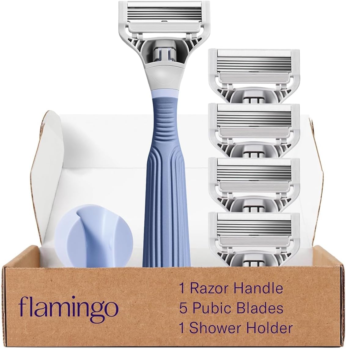 Flamingo pubic hair razor starter kit for women front view showcasing light blue handle