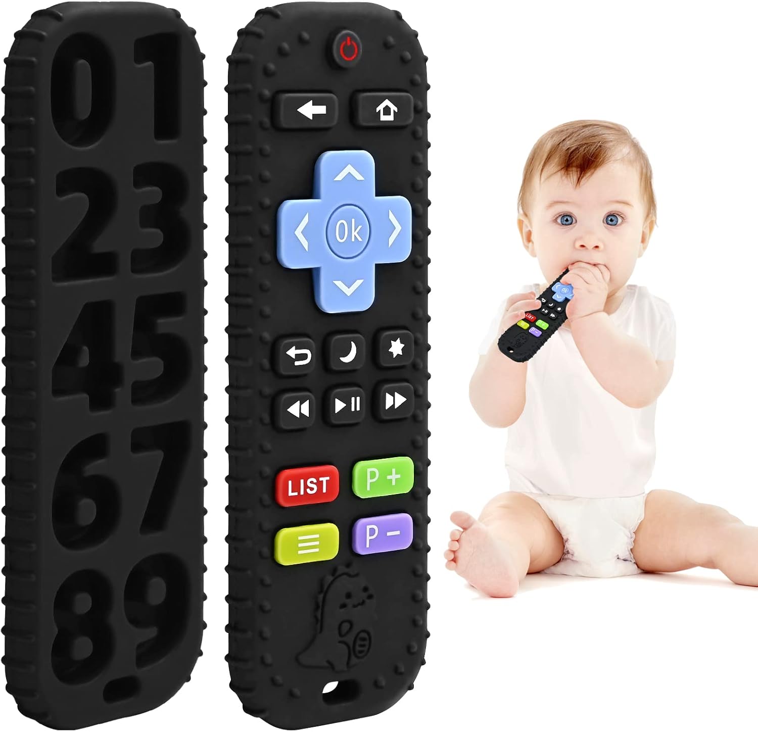 AiTuiTui remote control teether toy front view showcasing realistic black buttons for infant sensory relief.